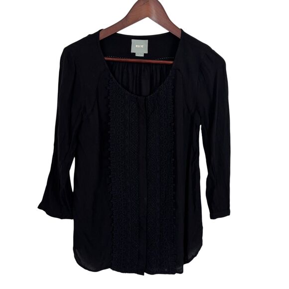 Anthropologie Maeve Black Button Front Crochet Blouse Top 3/4 Sleeves Women's 2 - Picture 1 of 6